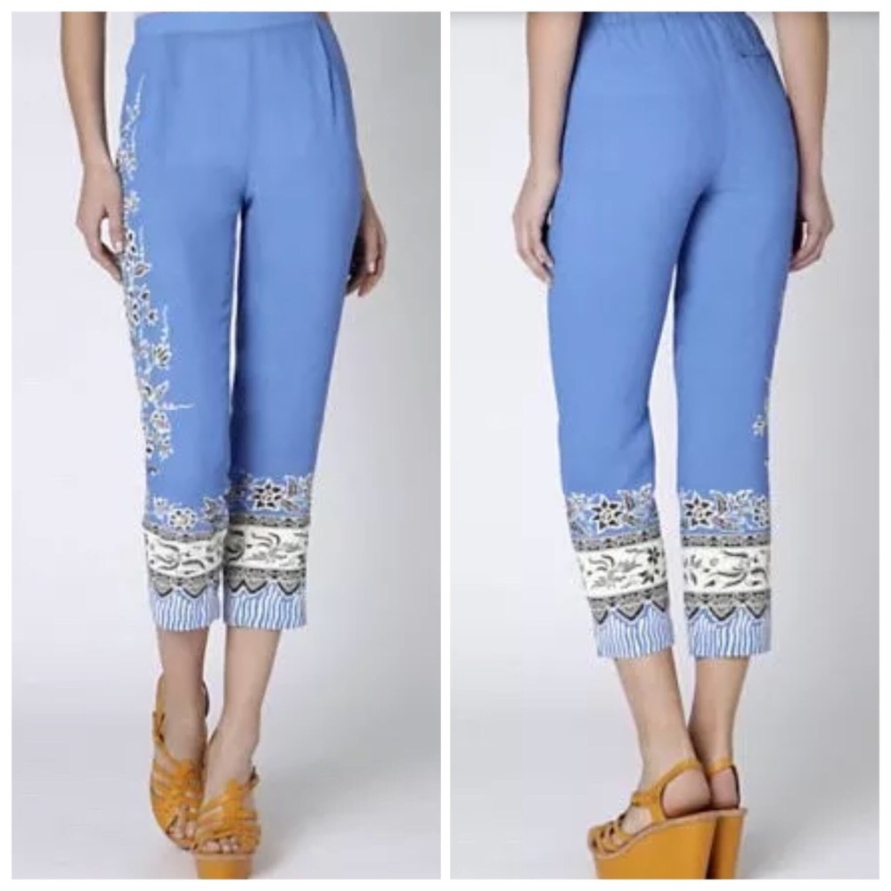 Anthropologie Blue Cropped Embroidered Pants